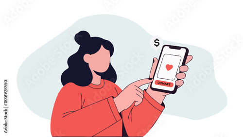 Digital Donation App Young Woman Giving Money to Charity Online with Mobile Phone Fundraising Philanthropy and Financial Contribution Concept