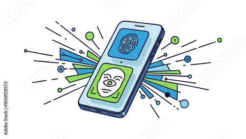 Smartphone Biometric Security Face Recognition and Fingerprint Scan Technology Illustration for Digital Identity