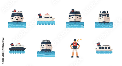 Flat illustration set of various boats and a sailor on water