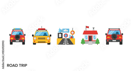 Colorful flat illustration of various vehicles for a road trip on a white background