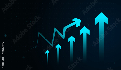 A Chart of High-tech blue arrows streak upward, illustrating investment gains and competitive advantage. Multiple blue arrows climb together, reflecting teamwork, scaling operations