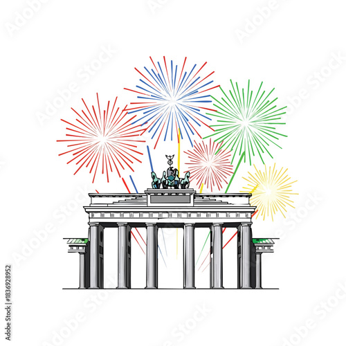 Brandenburg Gate under a sky full of New Year fireworks, bright colors reflecting on the historic monument