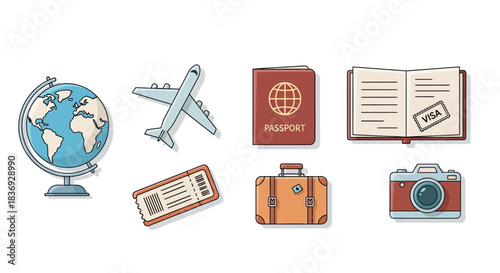 Flat lay of travel-related icons including a globe, airplane, passport, and luggage on a
