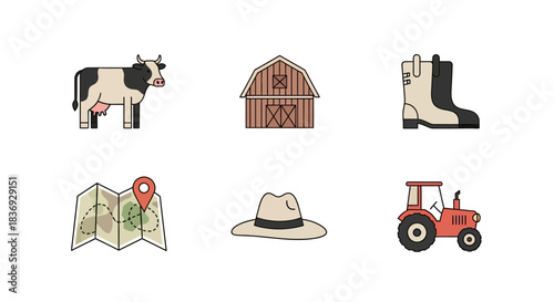 Flat lay of farm icons including cow, barn, boots, map, hat, and tractor on white