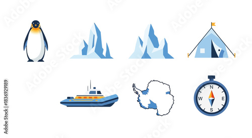 Flat lay of various Antarctica expedition icons on white background