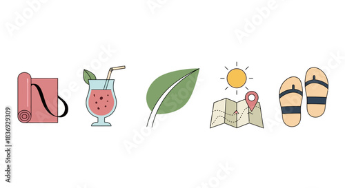 A flat lay of summer vacation icons on a white background.