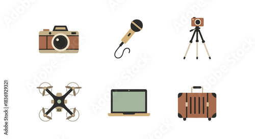 Flat lay of various travel and recording equipment on a white background.