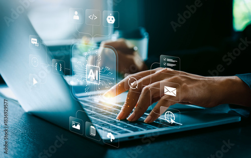 AI workflow automation and AI agent data tools concept with businessman using digital tablet and stylus interacting with artificial intelligence interface for process optimization, machine learning