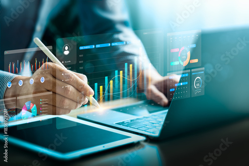 Financial data visualization with digital charts and analytics dashboard, showing business growth, performance metrics, and innovation, representing financial analysis, big data, business intelligence