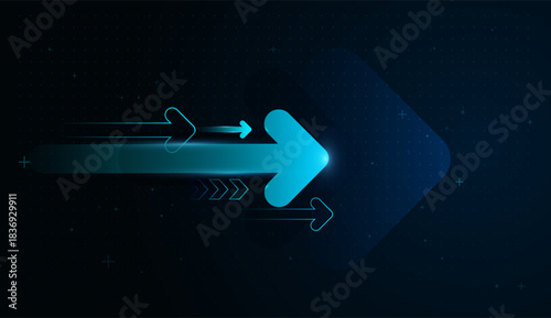A Glowing arrows move horizontally, representing steady progress and streamlined financial operations. and blue arrows race forward on a dark Background, visualizing innovation