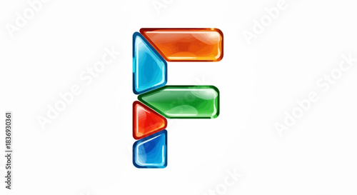 Vibrant and colorful letter F made of glossy geometric shapes.