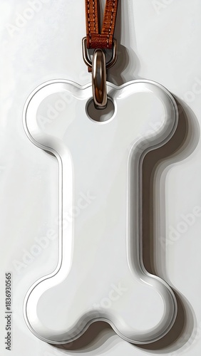 White, bone-shaped pet identification tag on a leather strap