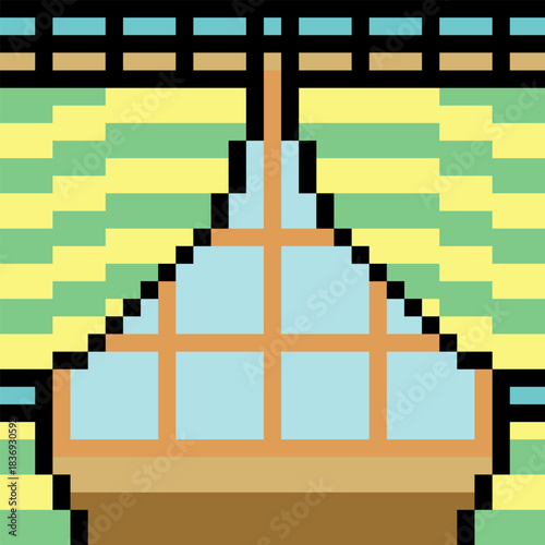 Pixel art of curtains with windows on a white background