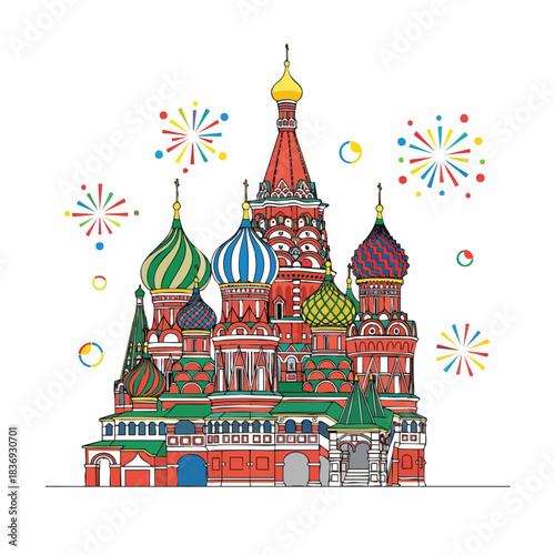 Saint Basil’s Cathedral with its colorful domes glowing under spectacular New Year fireworks