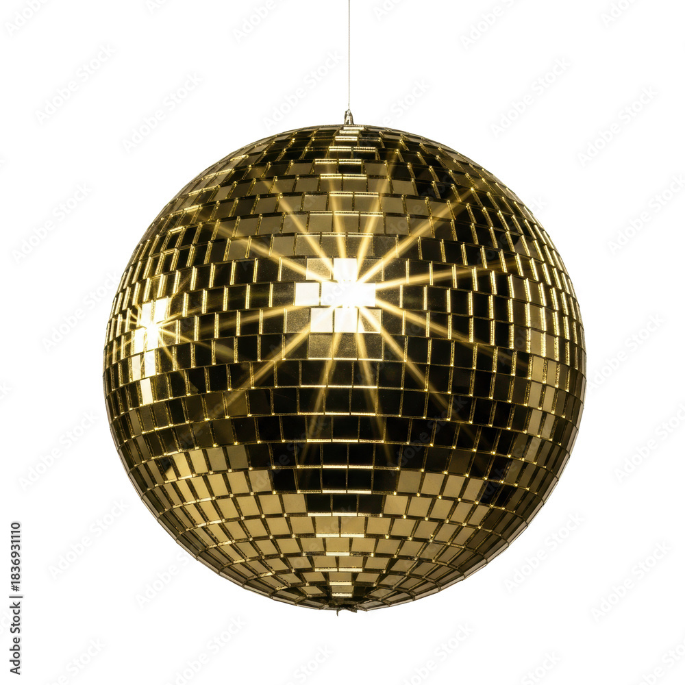 Fototapeta premium macro close-up of an opulent gold-tiled disco ball suspended on a seamless transparent studio background with an intense starburst lens flare, dramatic high-key lighting. Energetic celebration