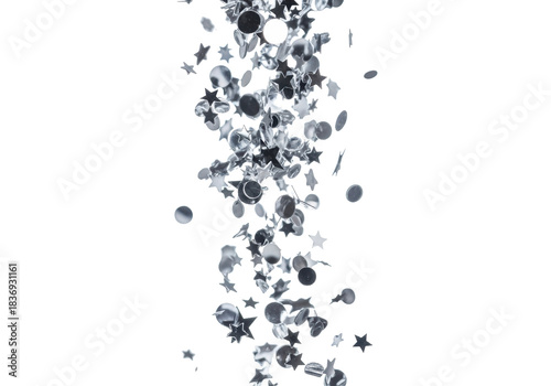 Thousands of metallic silver mylar confetti, dots and stars, falling dynamically in an extreme close-up shot with shallow dof and bright studio light against white, concept for holiday advertising