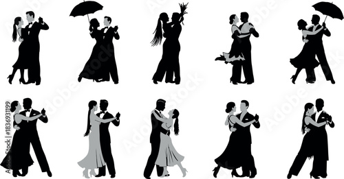 Silhouettes of couples dancing and embracing in various romantic poses against white background