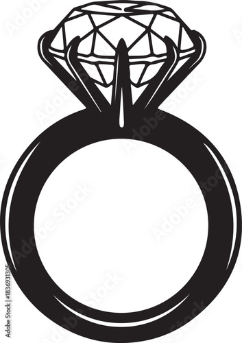Black silhouette of a diamond engagement ring on white background