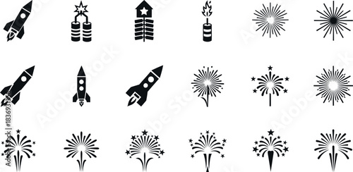 Collection of black silhouette icons depicting rockets and various fireworks explosions