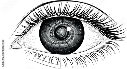 Cosmic eye with galaxy iris and long eyelashes