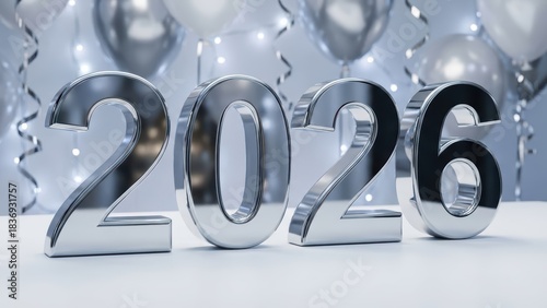Sleek Silver Metallic 3D 2026 Text in Festive Party Environment
