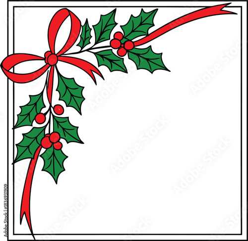 Christmas Holly Corner Decoration with Red Ribbon and Bow on White Background vector illustration