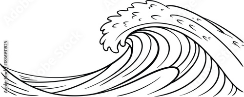 Dynamic Black and White Line Art Illustration of a Crashing Ocean Wave water surf