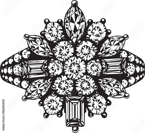 Ornate black and white illustration of a diamond cluster ring