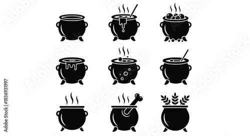 Black cauldron icons in various states of use and decoration