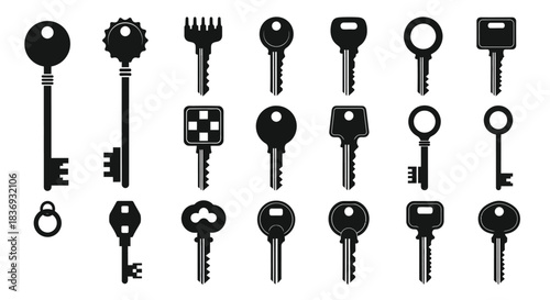 Collection of various keys and locks in black silhouette