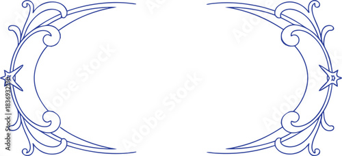 Ornate Blue Decorative Border with Swirls and Stars on White Keywords: border, decorative, ornate, blue, swirls, curves, elegant, vintage, flourish, frame, design element, graphic