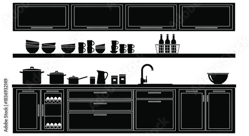 Modern kitchen interior with black appliances and utensils