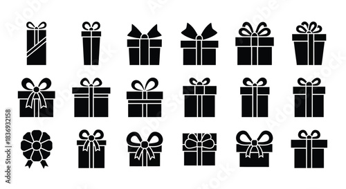 Collection of gift box icons with ribbons and bows