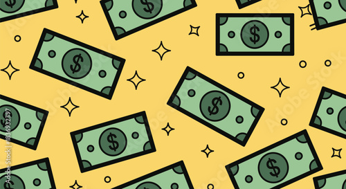 Cartoon money bills on yellow background with sparkles