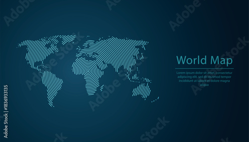 Digital world map with glowing concentric blue lines in tech style