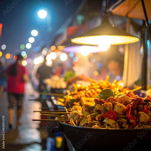 Vibrant Street Food Stall at Night Market.
