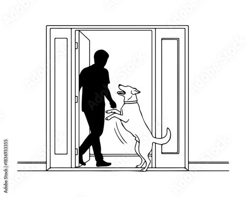 Delighted pet dog enthusiastically greets its owner walking through an open doorway, showcasing the strong bond and happy welcome home moment in a simple line art illustration