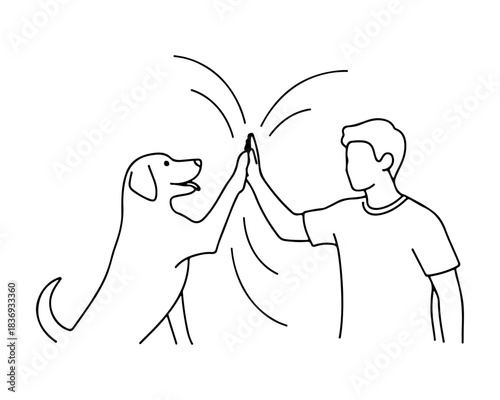 Delightful illustration capturing a man and his loyal dog high-fiving, symbolizing friendship, training success, and the special bond between human and pet