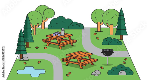 Picnic area with tables and grill in serene park setting
