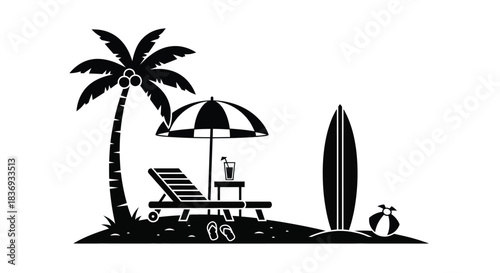 Relaxing beach scene with palm tree and surfboard