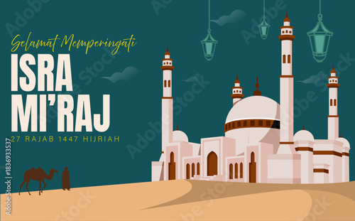 Isra Miraj Illustration with Mosque in the Desert and Silhouette  Man with His Camel for Islamic Night Journey Celebration