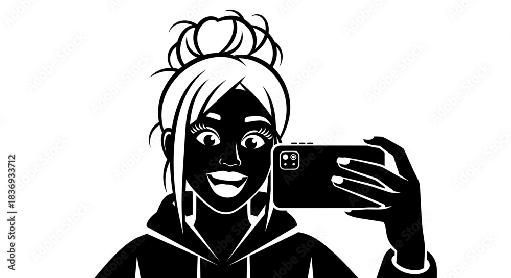 Obraz premium Smiling young woman taking selfie with smartphone