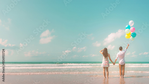 Portrait of couple of young happy married hipsters in trendy vintage clothes standing together on the beach with balloons. Sunny summer day. Pastel colors tone