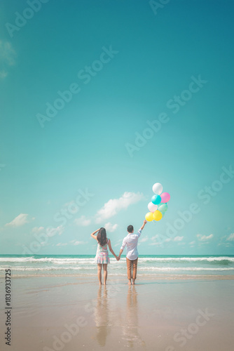 Portrait of couple of young happy married hipsters in trendy vintage clothes standing together on the beach with balloons. Sunny summer day. Pastel colors tone