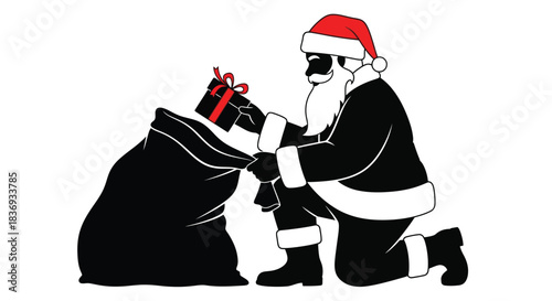 Santa Claus putting gift in sack