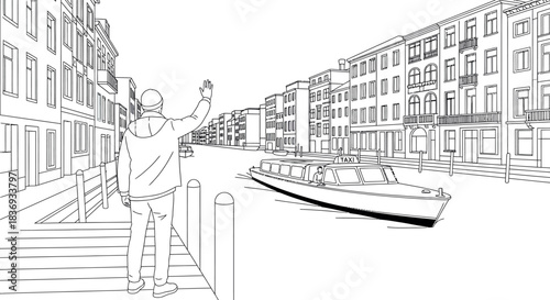 Man hailing water taxi on city canal