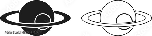 Black silhouette and outline vector icons of a ringed planet with an intersecting moon, symbolizing space, astronomy, planetary system, galaxy, and cosmic science concepts