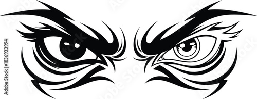 Fierce and aggressive animal or predator eyes black vector illustration, stylized with sharp tribal lines, symbolizing danger, power, speed, and competitive sports mascot design