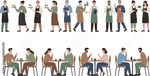 Diverse Restaurant Staff Serving Customers Vector Illustration Set, Waiters and Waitresses in Aprons Holding Trays, Patrons Talking and Drinking Coffee at Tables