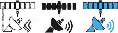 Set of satellite communication icons (outline, silhouette, and flat color) transmitting data to a dish antenna, symbolizing global connection, space technology, and broadcast network